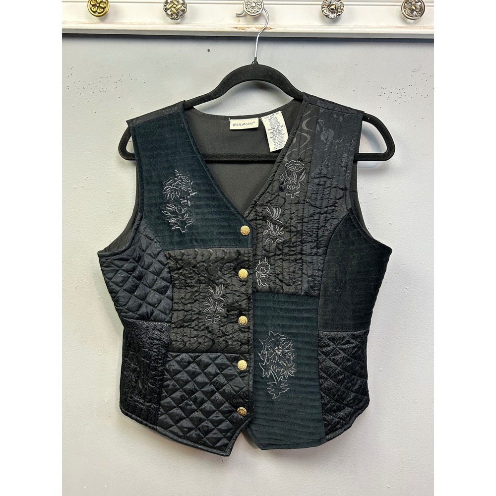 Vintage Vest Women Medium Black Floral Patchwork Quilted Embroidered Boho - Picture 2 of 10